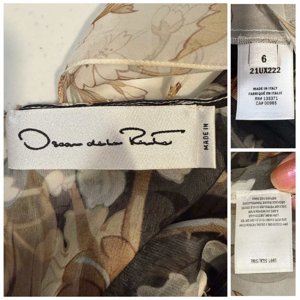 Oscar de la Renta Black Cream Midi Dress Silk Floral Tie Neck 6 Formal Wedding - Picture 14 of 15